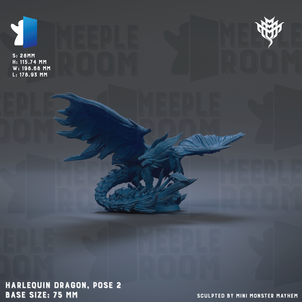 The image is a 3D rendering of a Harlequin Dragon figurine, with the base size being 75 mm. The dragon is posed in a dynamic, winged stance, and the background features the repeating text "MEIPLE ROOM" in a stylized font.