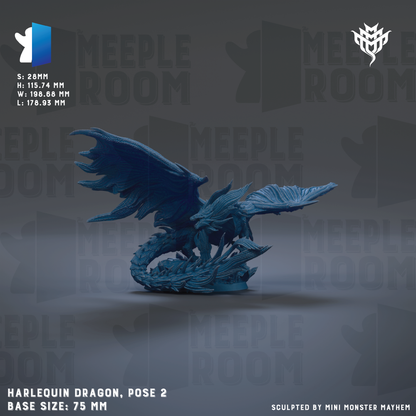 The image is a 3D rendering of a Harlequin Dragon figurine, with the base size being 75 mm. The dragon is posed in a dynamic, winged stance, and the background features the repeating text "MEIPLE ROOM" in a stylized font.