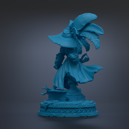 A blue statue of a pirate standing on a pedestal with a large feather on top.