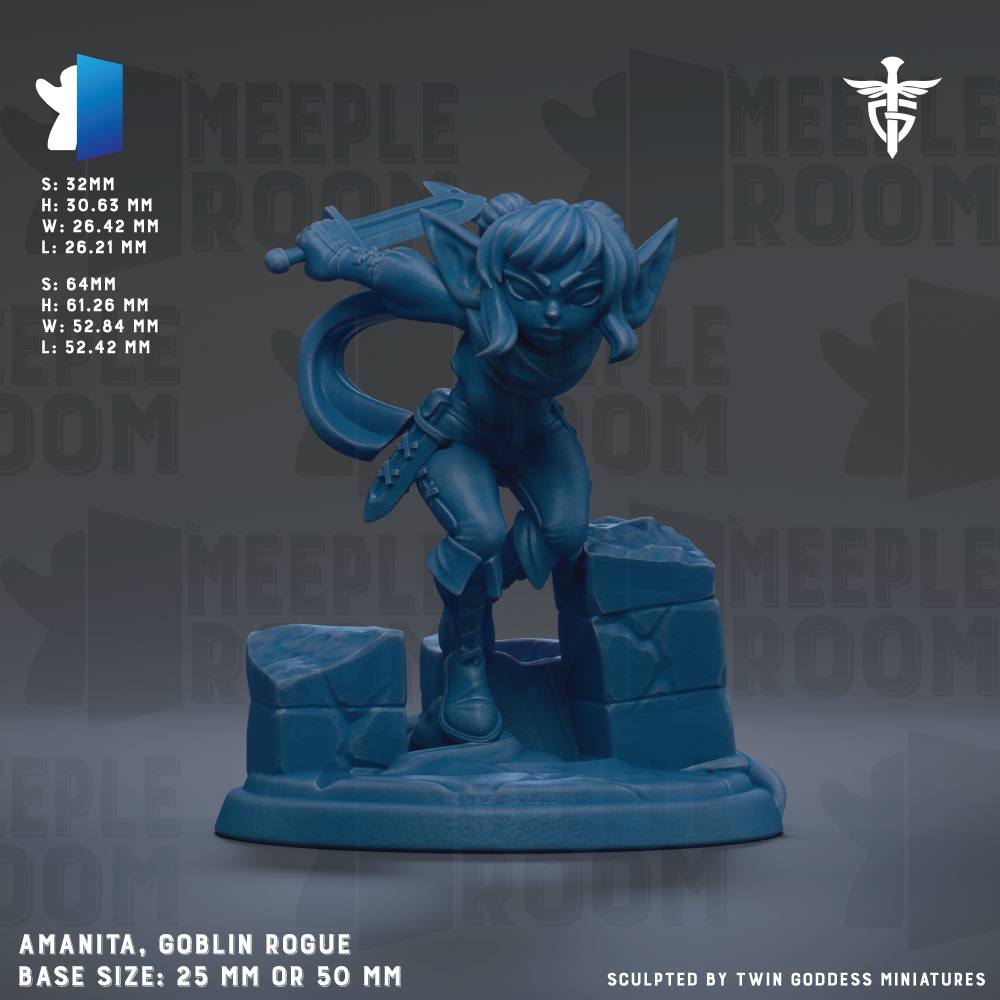 The image is a 3D model of a blue figurine of a female character, specifically a Hobbit roger, with a sword in her hand. The figurine is set against a dark background with the text "MEEPLE ROOM" repeated multiple times. The base size of the figurine is either 25mm or 50mm.