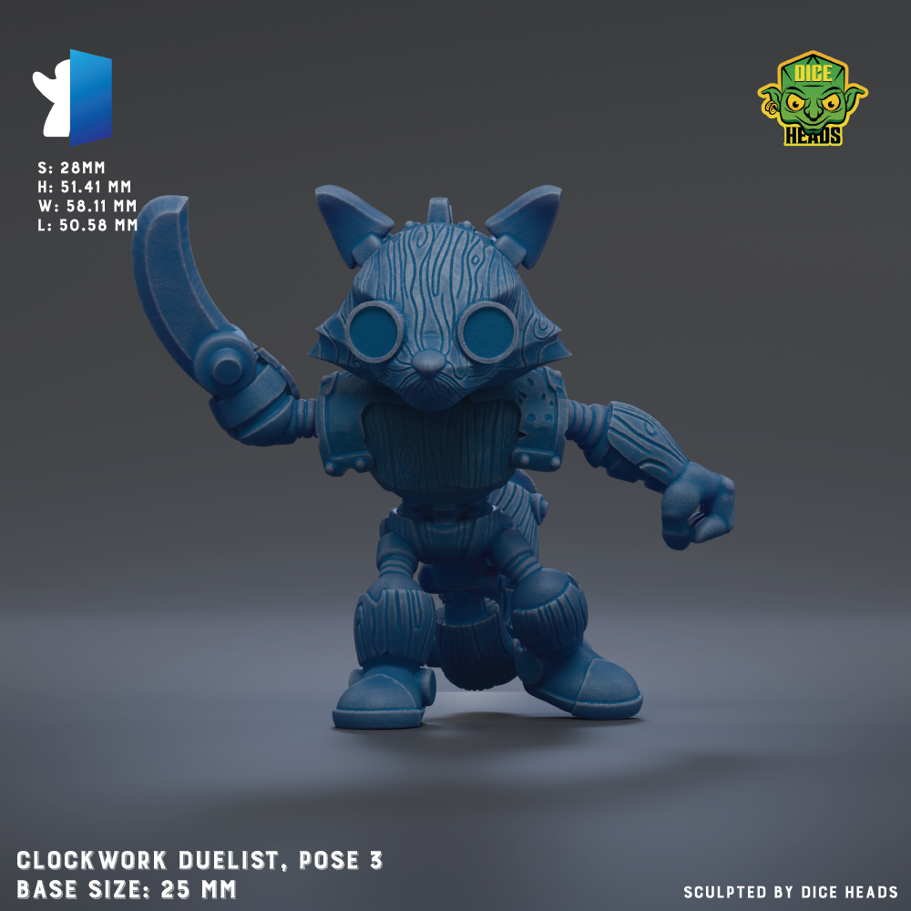 A 3D rendering of a blue mechanical toy character, resembling a robot or mechanical figure, with a sword in its hand.