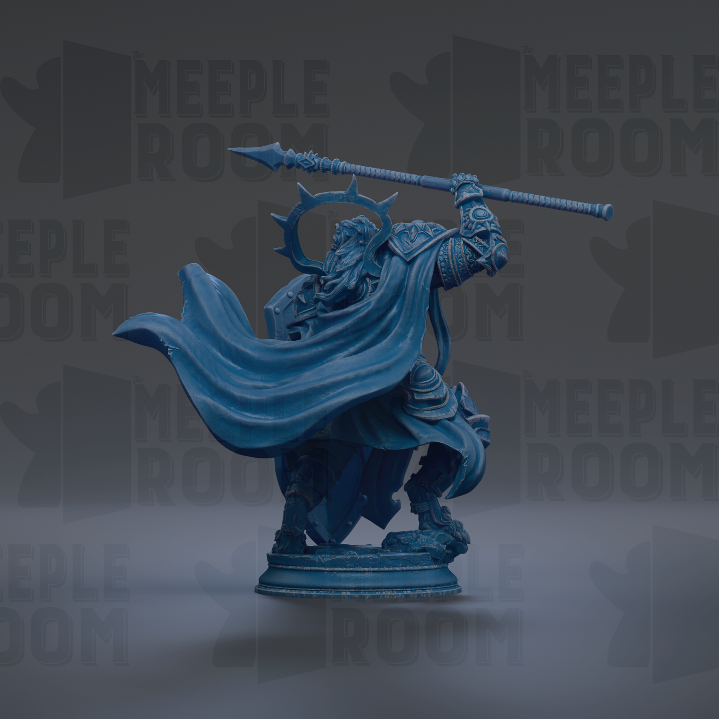 A blue statue of a warrior wielding a spear and shield, standing on a pedestal against a dark background with repeated text.