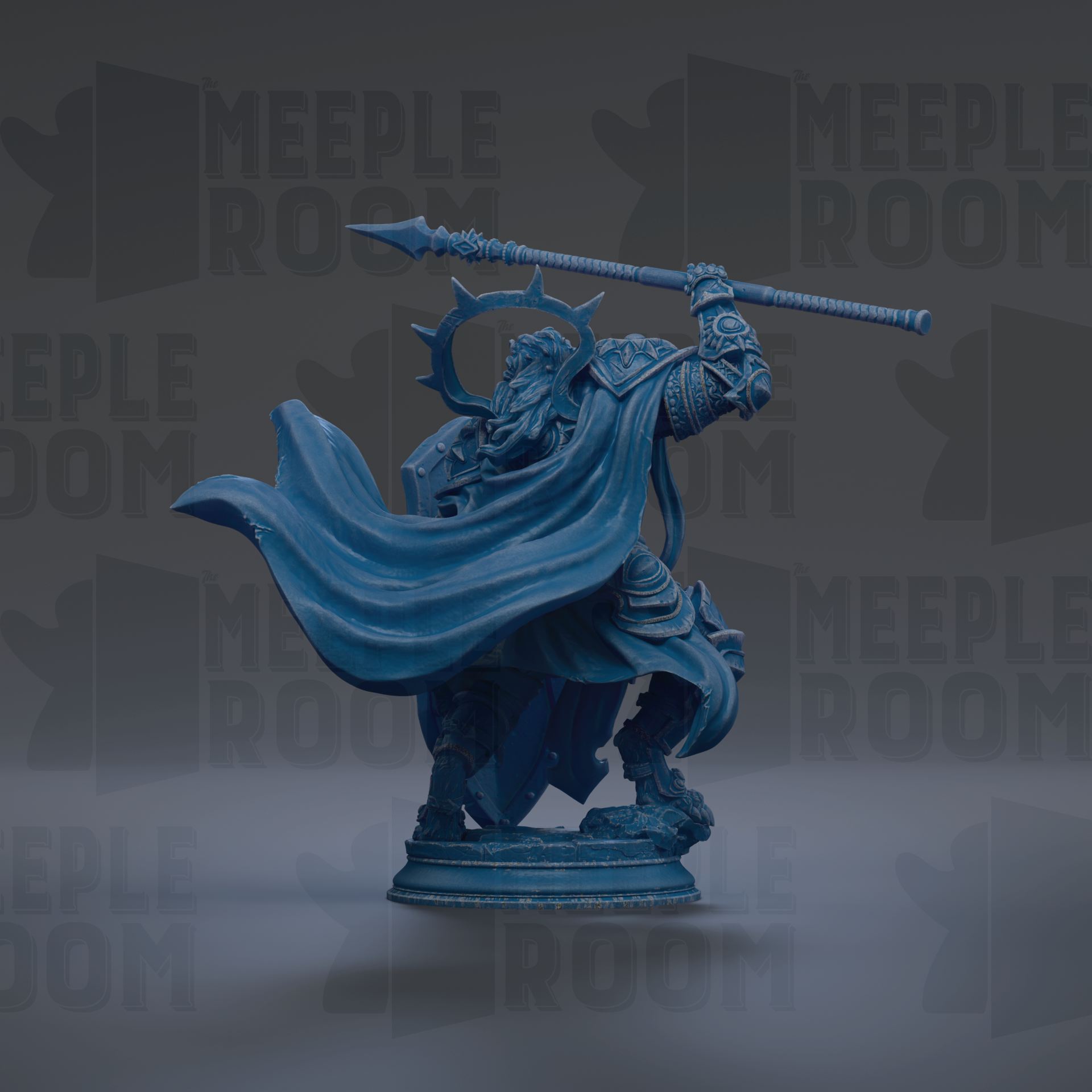 A blue statue of a warrior wielding a spear and shield, standing on a pedestal against a dark background with repeated text.