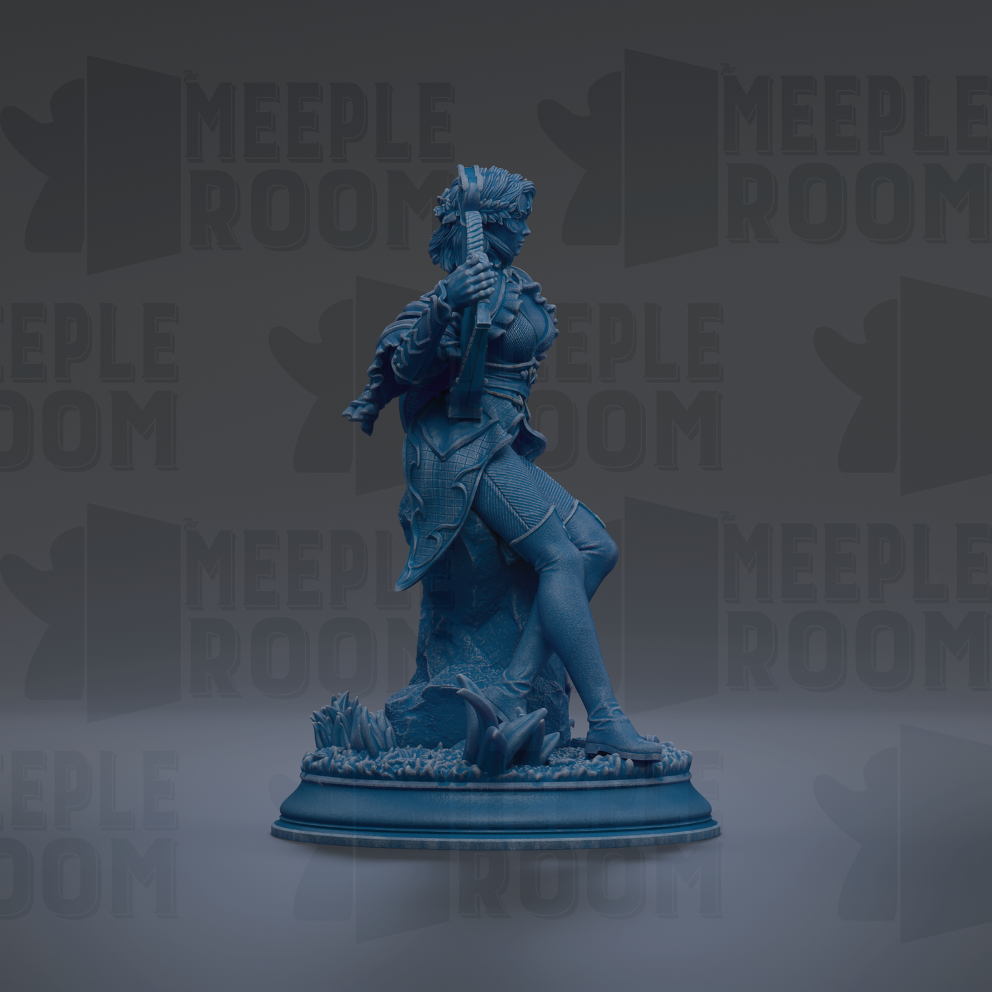 A blue statue of a person holding a weapon, standing on a pedestal.