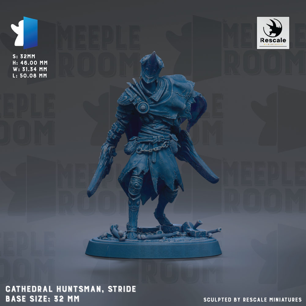 A statue of a warrior figure in a blue color, standing on a base and holding a shield. The statue appears to be made of a material that resembles metal or stone. The background of the image is dark, which contrasts with the statue and makes it stand out. The statue is described as a "Cathedral Huntsman, Stride" and is shown in a 3:22mm scale. The base size of the statue is 32mm. The image is described as a "collage of multiple images" and is "sculpted by Rescue miniatures".