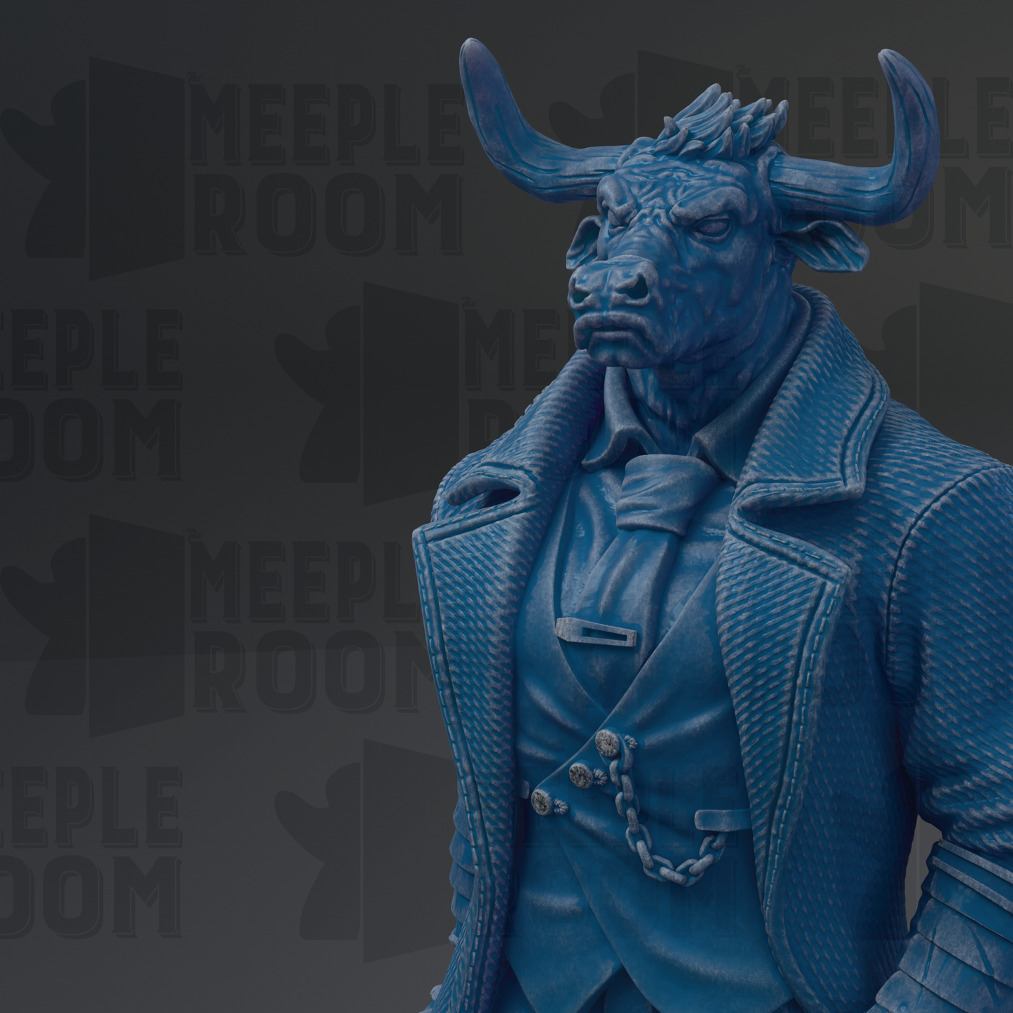 A blue statue of a bull wearing a suit and tie.