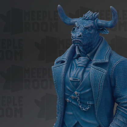 A blue statue of a bull wearing a suit and tie.
