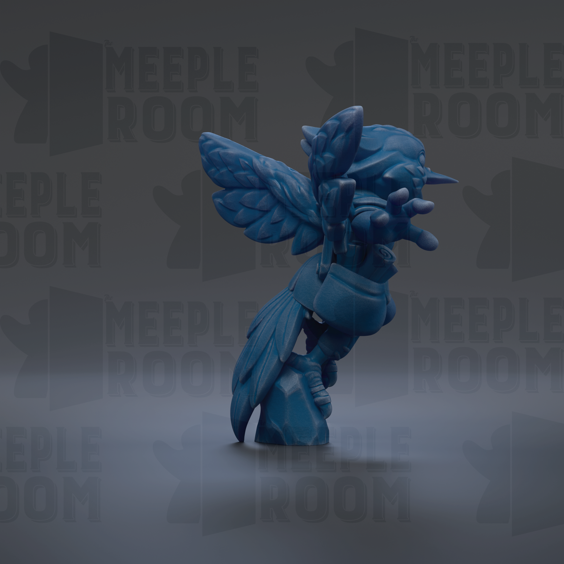 A blue, winged figurine stands on a rock against a dark background with repeated text.