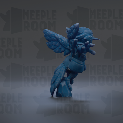 A blue, winged figurine stands on a rock against a dark background with repeated text.