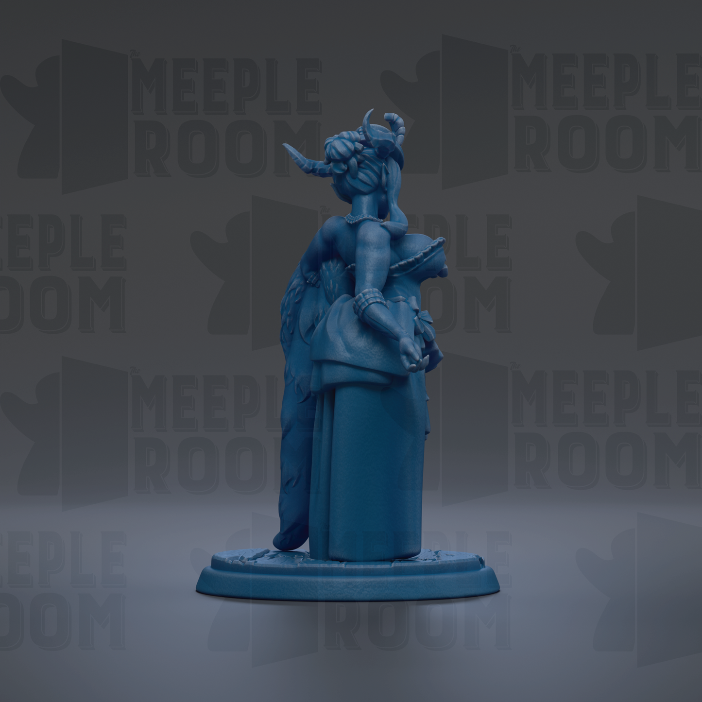 A blue figurine of a woman with horns and a flowing dress stands on a pedestal against a dark background with repeated text.