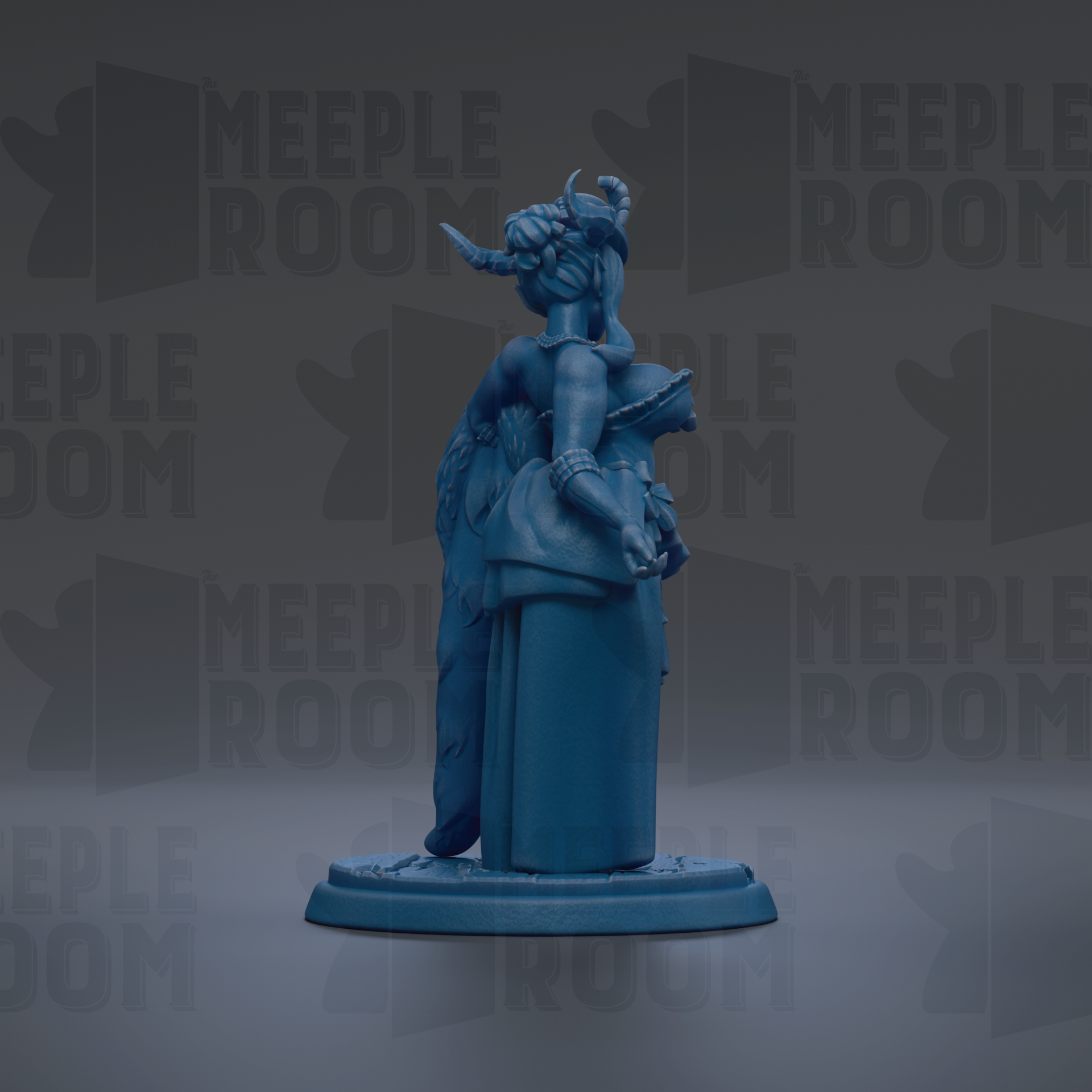 A blue figurine of a woman with horns and a flowing dress stands on a pedestal against a dark background with repeated text.