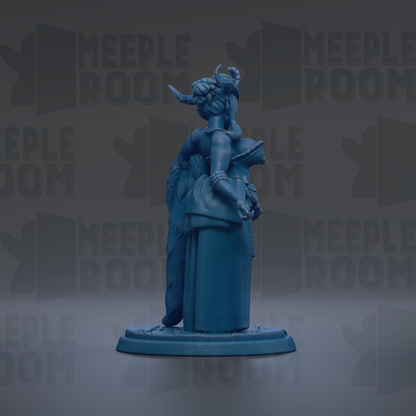 A blue figurine of a woman with horns and a flowing dress stands on a pedestal against a dark background with repeated text.