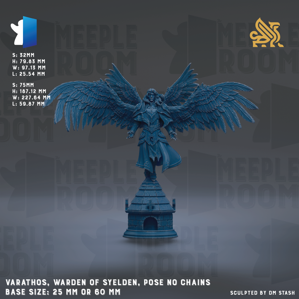 A blue winged statue of a guardian figure, likely representing the character Varathos from the video game Meeple Room. The statue is shown in a pose with no chains, and it is described as a "base size: 25mm or 60mm".
