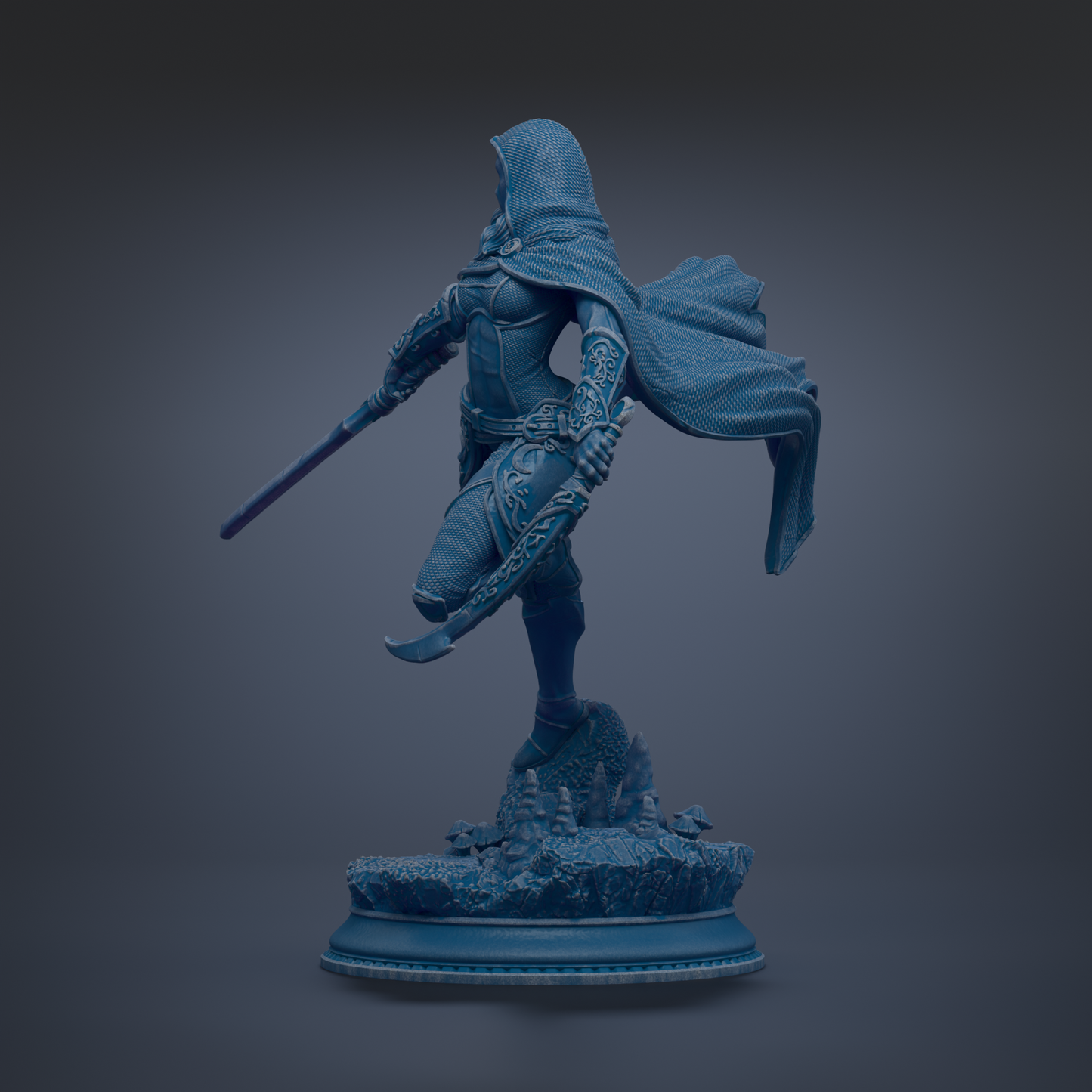 A 3D rendering of a female warrior figure in a blue outfit, wielding a sword and shield, standing on a rocky base.