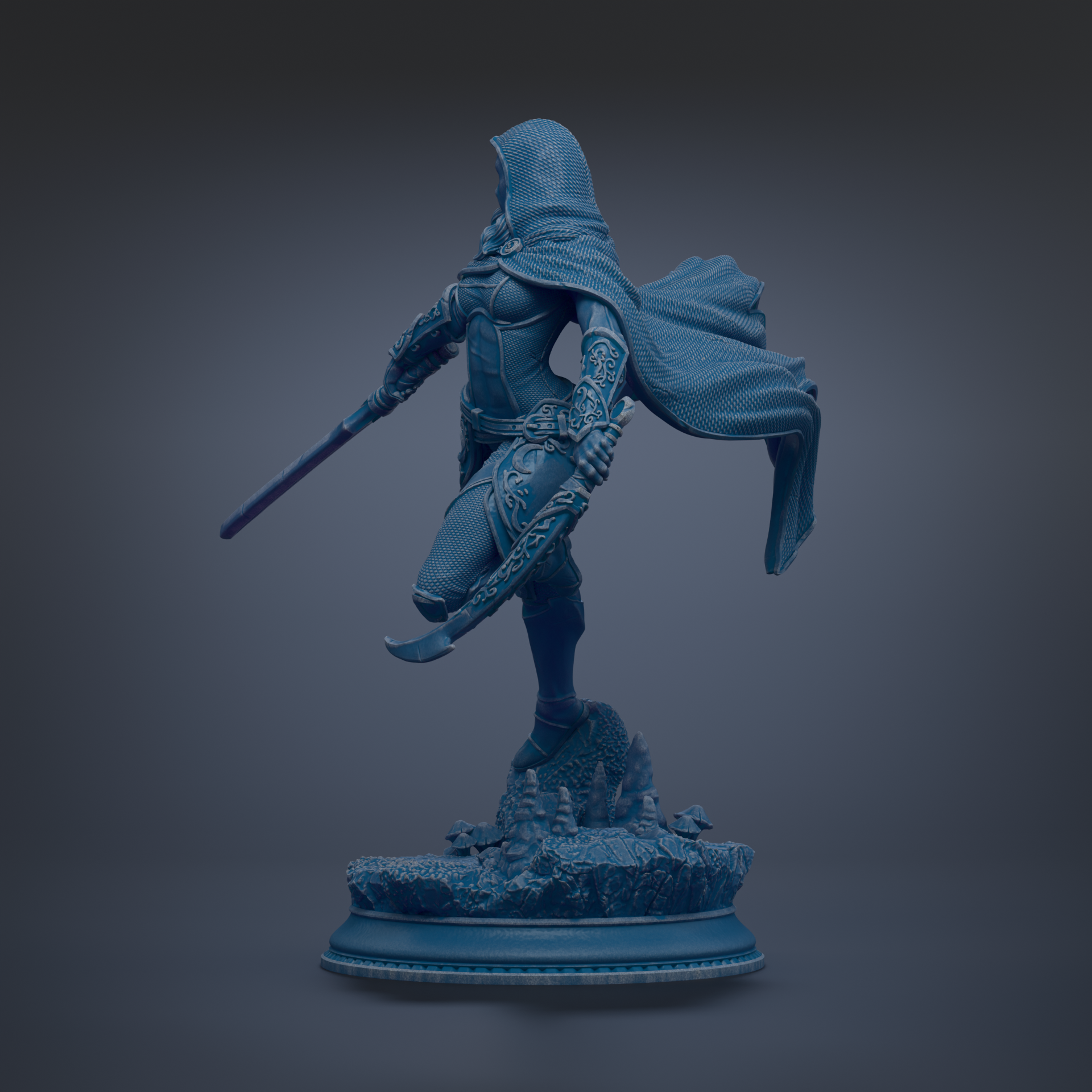 A 3D rendering of a female warrior figure in a blue outfit, wielding a sword and shield, standing on a rocky base.
