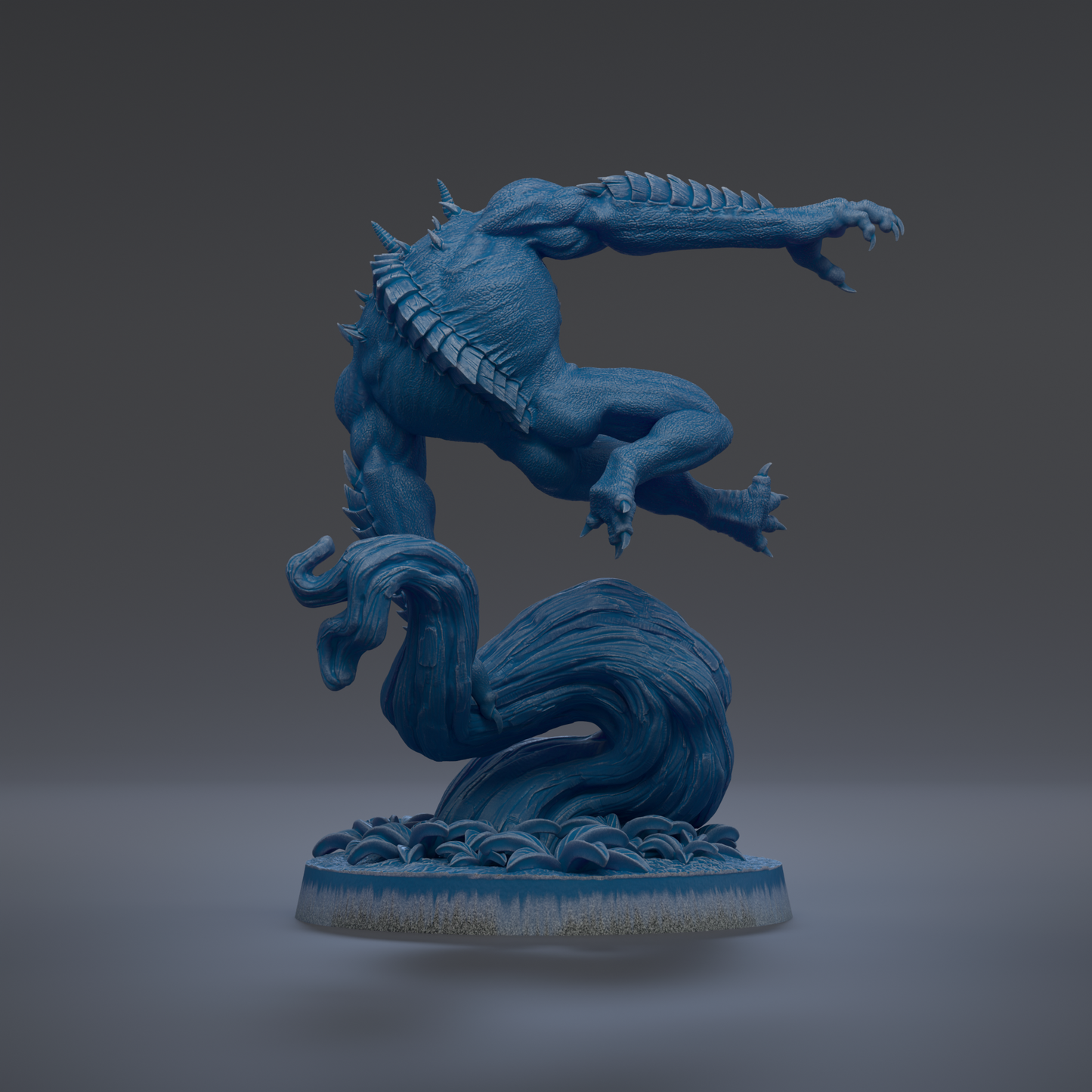 A 3D rendering of a blue, fantastical creature with sharp teeth and claws, standing on a base with a wave-like shape.