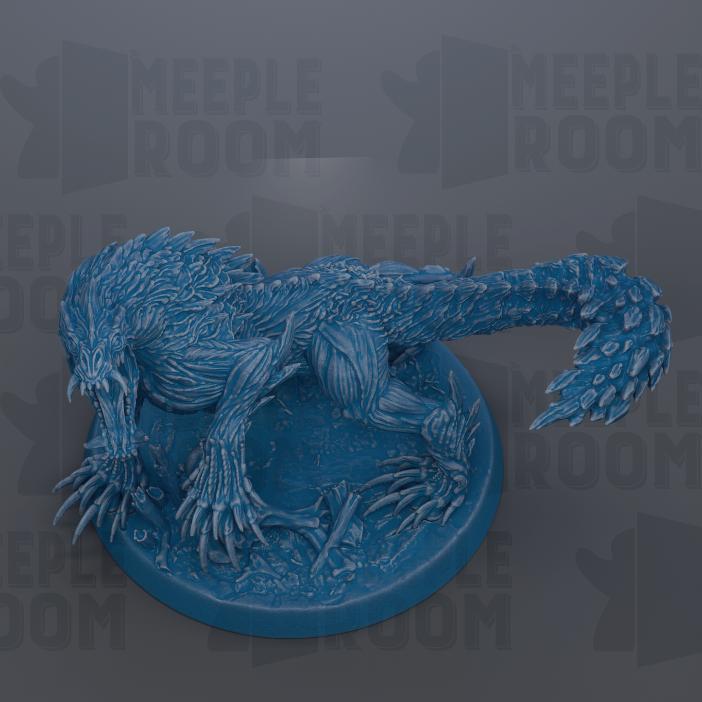 A 3D rendering of a blue, fantastical creature with sharp teeth and claws, sitting on a circular base.