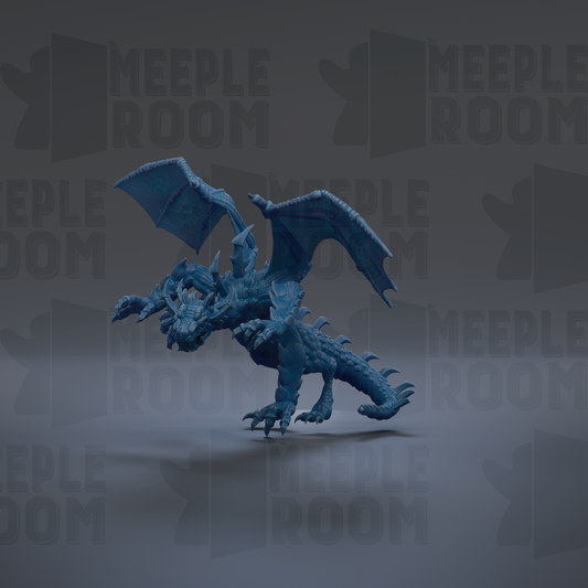 A 3D rendering of a blue dragon-like creature with wings and sharp teeth, standing on a gray surface against a dark background with repeated text.