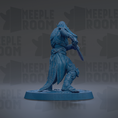 A blue figurine of a warrior figure holding a sword and shield, standing on a circular base.