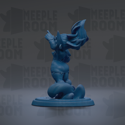 A blue figurine of a character with flowing hair and a pointed hat is displayed against a dark background with repeated text.