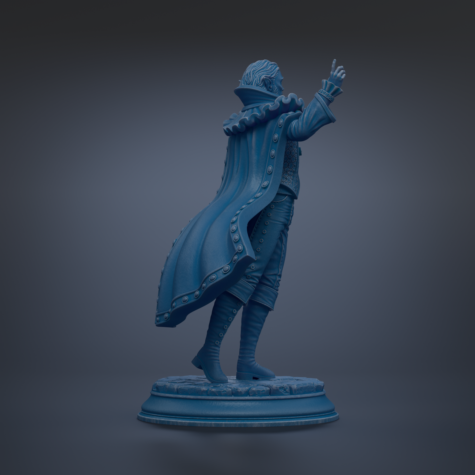 A blue statue of a person standing on a pedestal, with their arms raised and a cape billowing behind them.