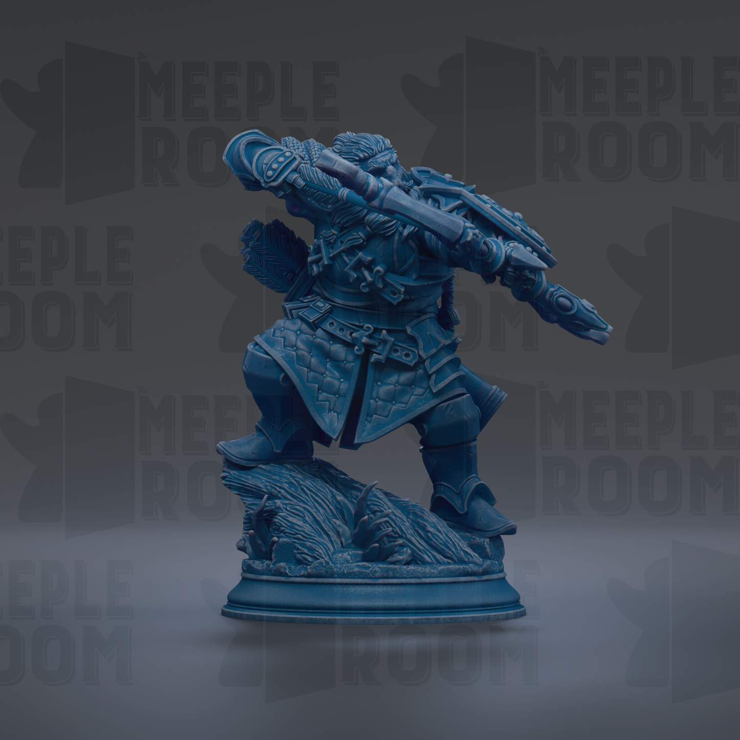 A blue statue of a warrior figure holding a sword and shield, standing on a pedestal.