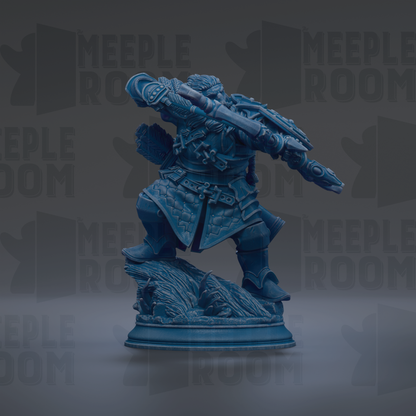 A blue statue of a warrior figure holding a sword and shield, standing on a pedestal.