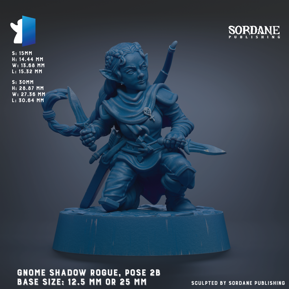 The image is a 3D rendering of a gnome-like character, specifically a Shadow Rogue, posed on a base. The character is depicted in a crouching position, holding a bow and arrow, and wearing a cape. The base size of the figure is 12.5 mm or 25 mm, depending on the perspective. The image does not contain any text, and the focus is on the character and its pose.