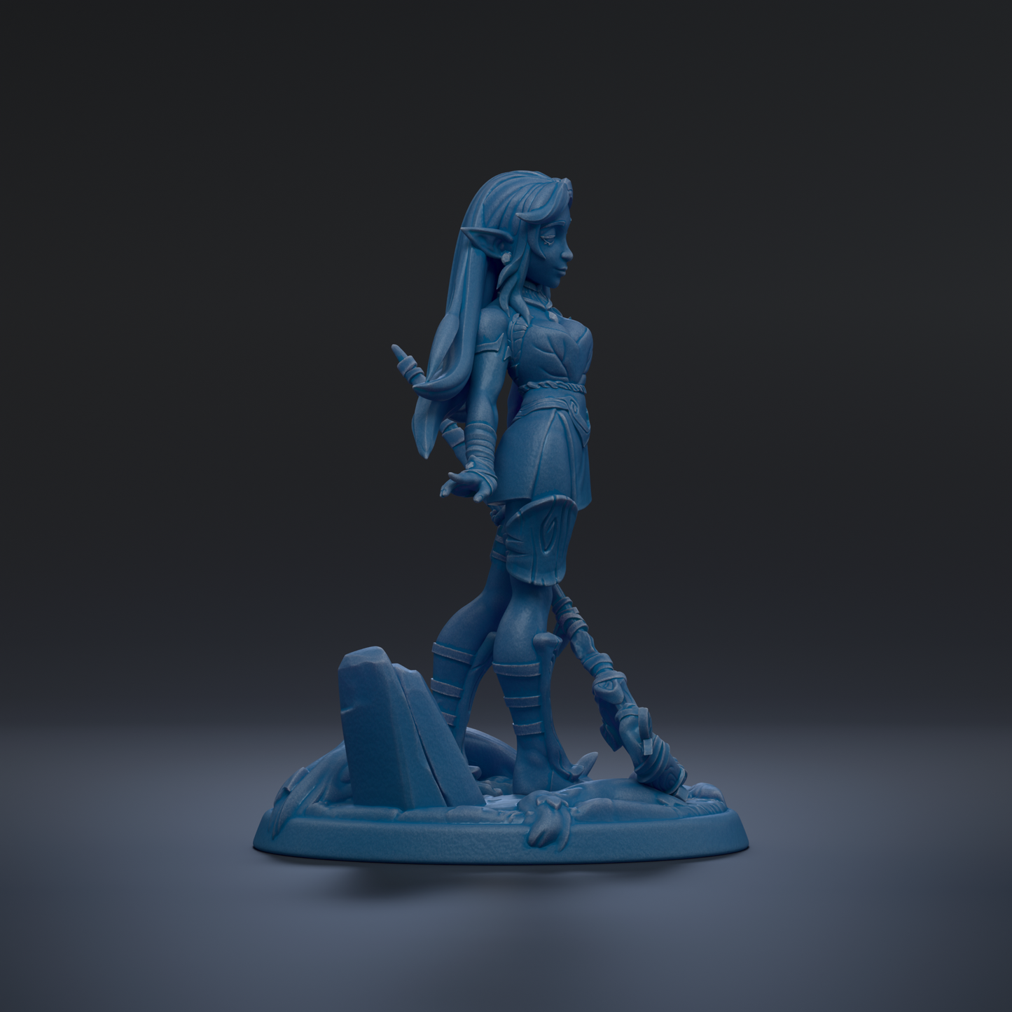 A blue figurine of a female character with long hair and a sword, standing on a rock formation against a dark background.