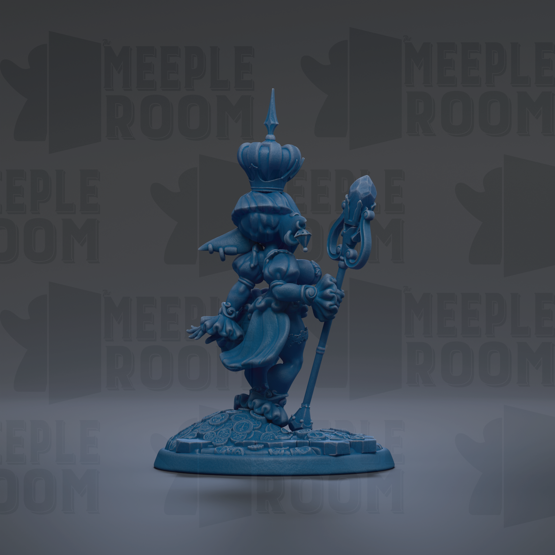 A blue figurine of a character with a crown and a staff, standing on a base.