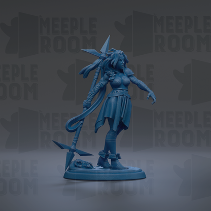 A blue figurine of a female character with a sword and shield, standing on a platform against a dark background with repeated text.