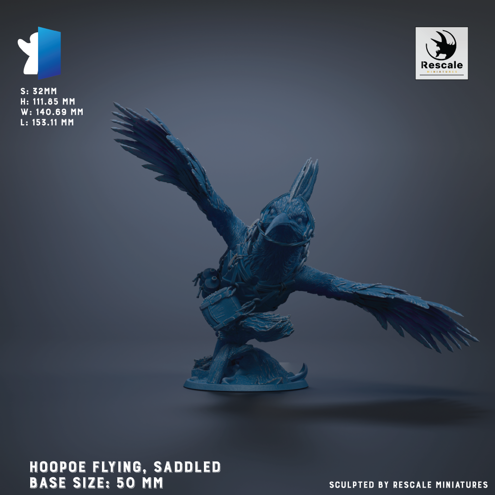 Hoopoe, a mythical creature with the body of a bird and the head of a fish, is depicted in a 3D model. The base size of the model is 50 millimeters.