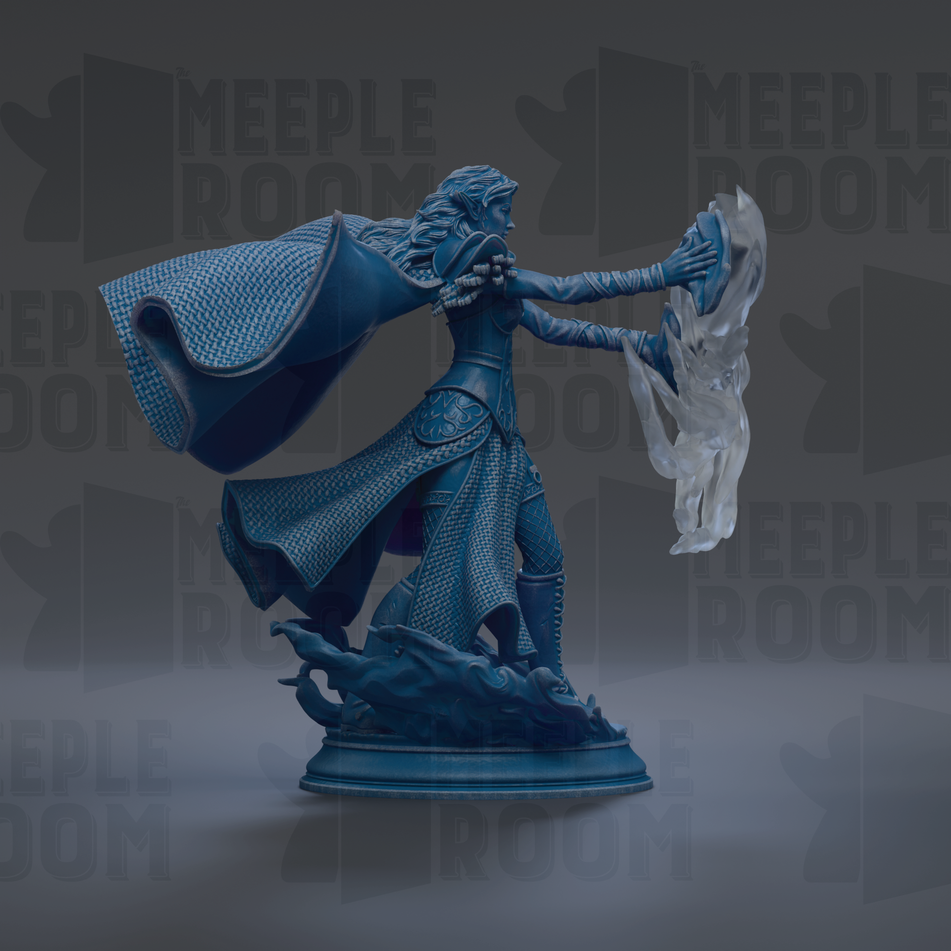 A blue statue of a woman with flowing hair and a flowing cape, holding a crystal ball, standing on a pedestal.