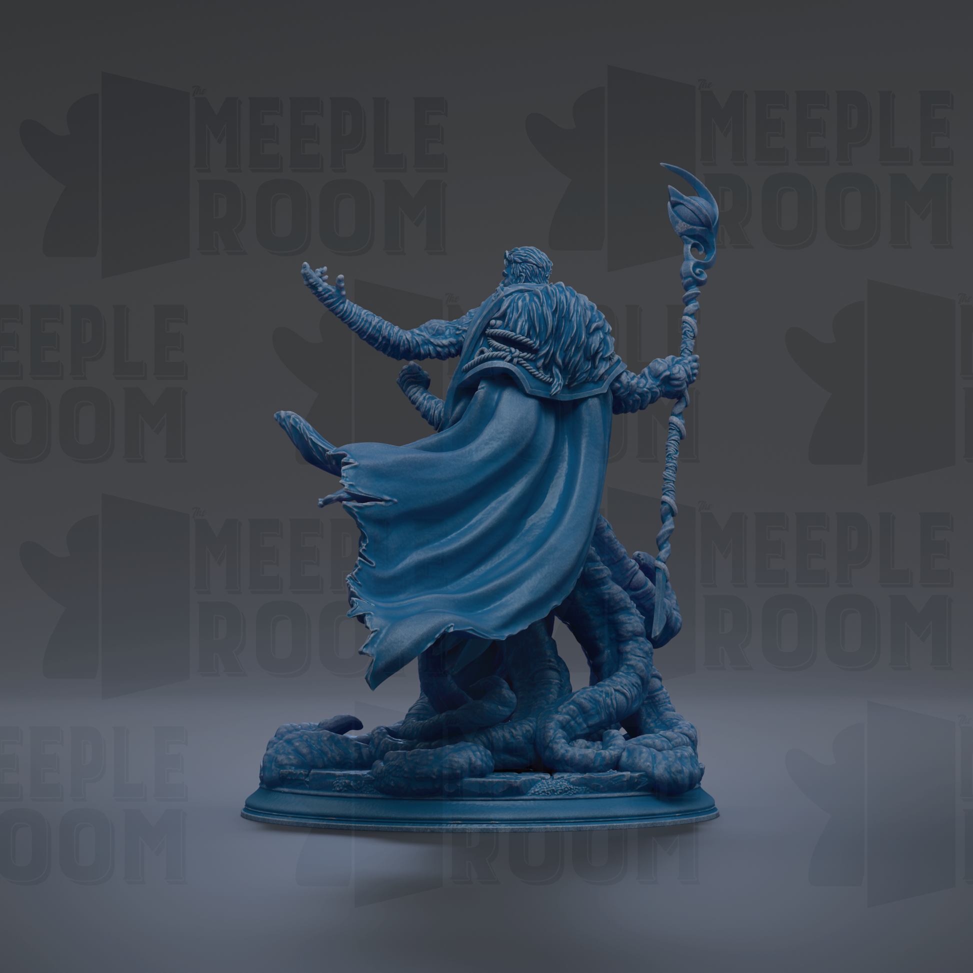A blue statue of a figure with a staff and flowing cape, standing on a base with a snake-like shape.