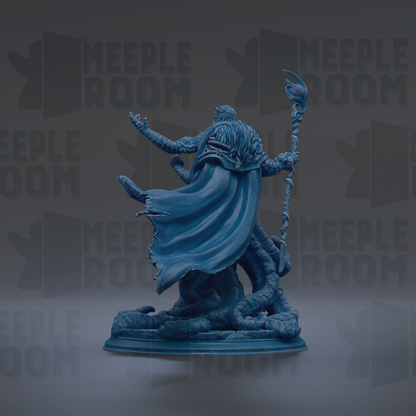 A blue statue of a figure with a staff and flowing cape, standing on a base with a snake-like shape.