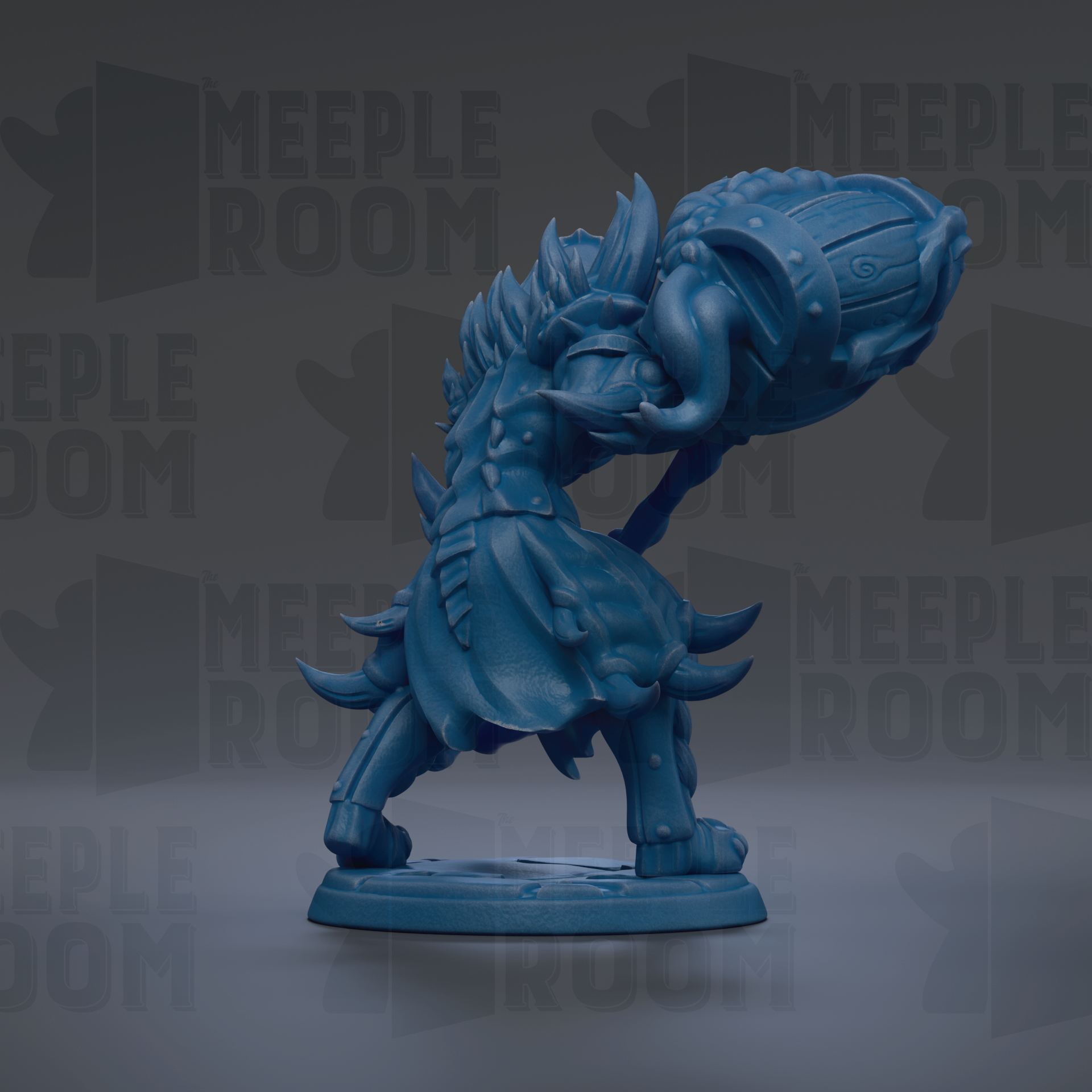 A blue figurine of a fantastical creature with sharp teeth and claws, standing on a base and holding a large, ornate object in its hands.
