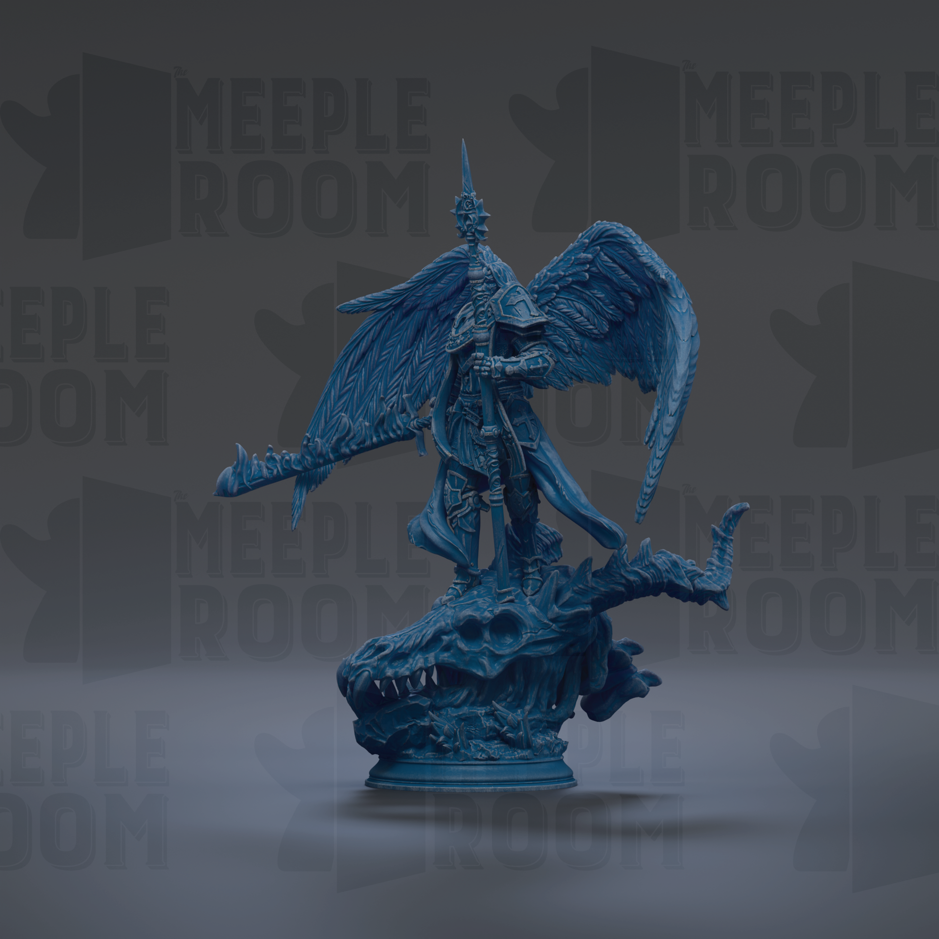 A blue figurine of a winged warrior standing on a dragon's head, with the text "MEUPLE ROOM" repeated in the background.