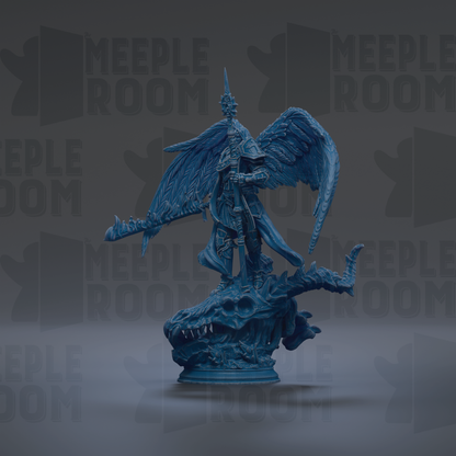 A blue figurine of a winged warrior standing on a dragon's head, with the text "MEUPLE ROOM" repeated in the background.