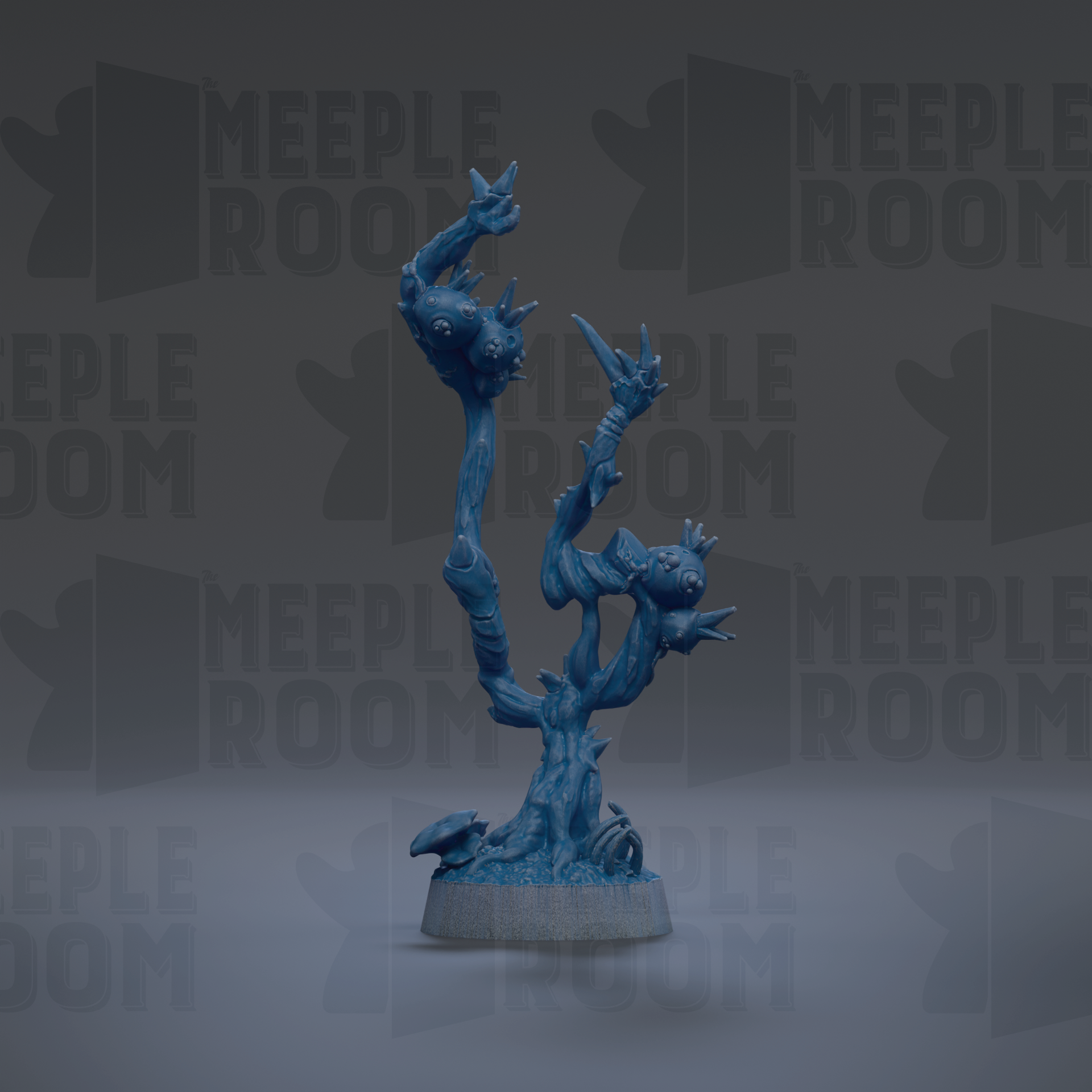 A blue, abstract sculpture resembling a tree or plant with various organic shapes and textures.