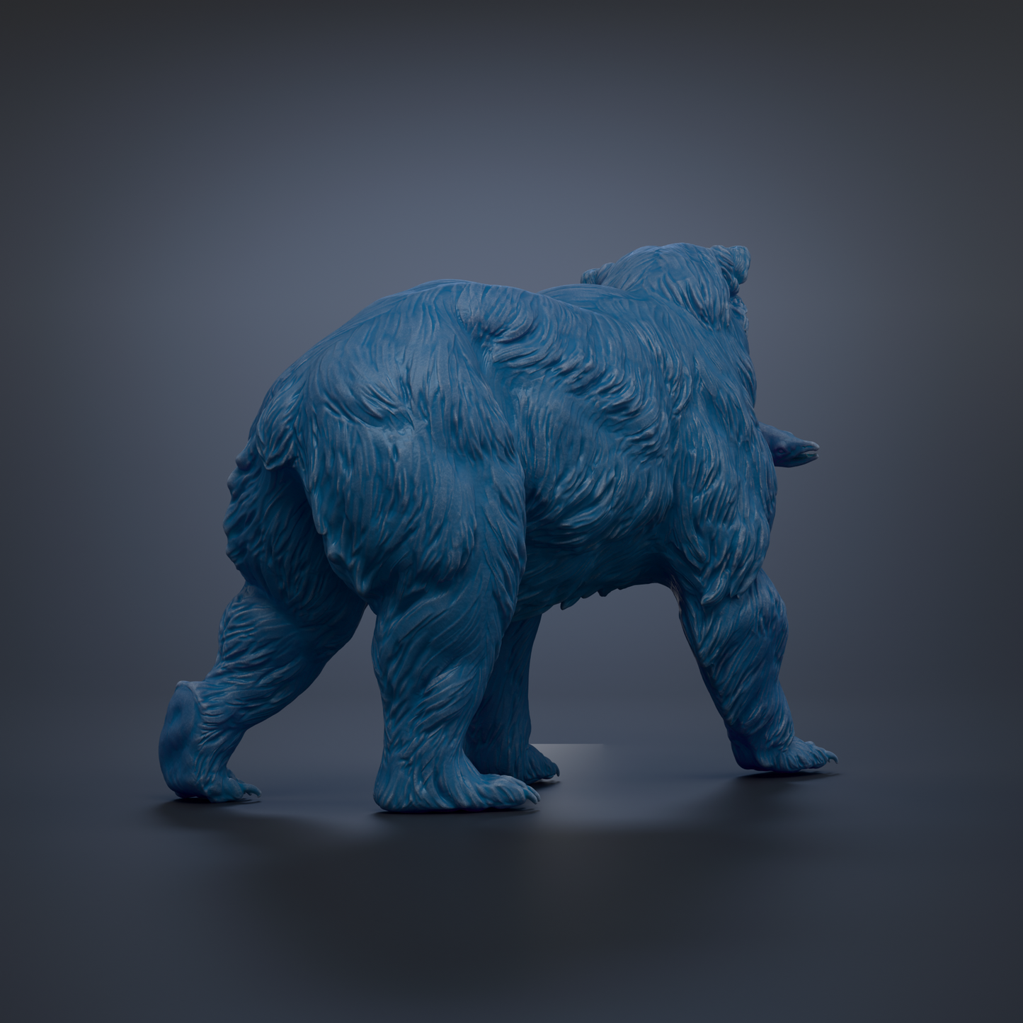 A blue bear statue is shown in a 3D rendering against a dark background.