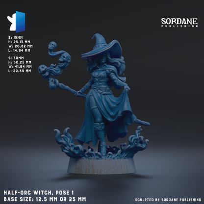 The image is a 3D rendering of a female character in a witch costume, holding a wand and surrounded by flames. The character is standing on a base that is either 12.5 mm or 25 mm in size. The image is published by Sordane Publishing.