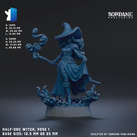 The image is a 3D rendering of a female character in a witch costume, holding a wand and surrounded by flames. The character is standing on a base that is either 12.5 mm or 25 mm in size. The image is published by Sordane Publishing.