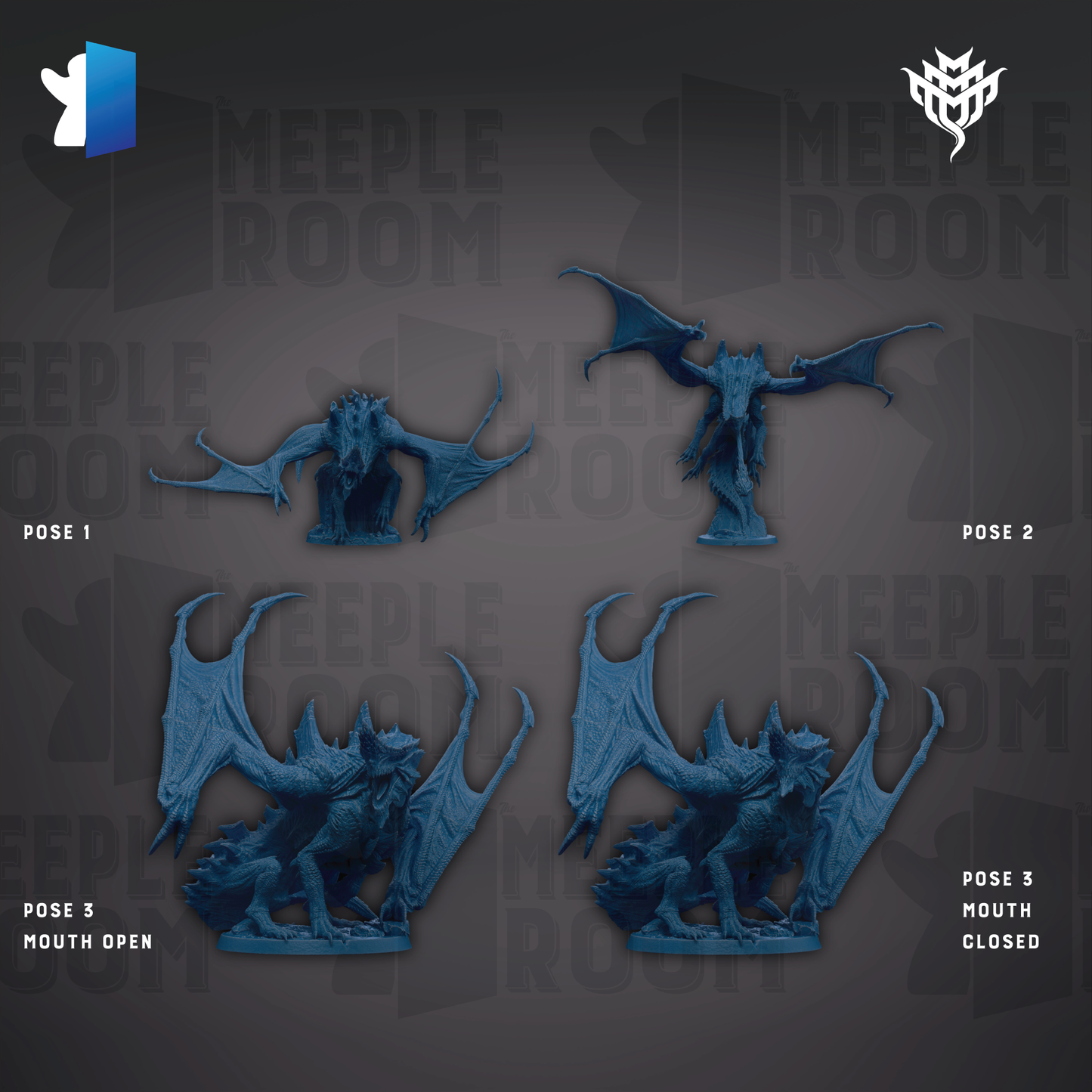 four blue dragon figurines, each in a different pose, arranged against a dark background with the text "MEIPLE ROOM" repeated across it.