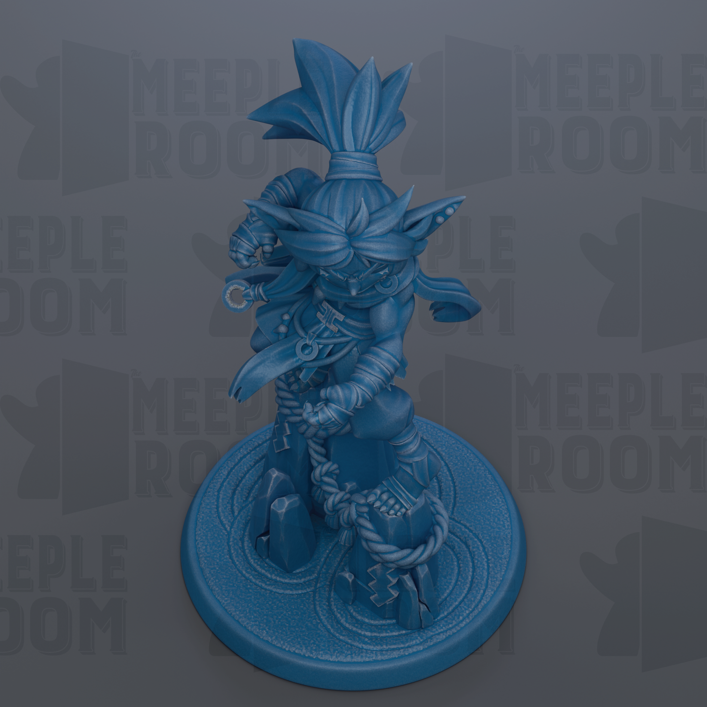 A blue figurine of a character with a large head and a long, flowing tail, standing on a circular base.