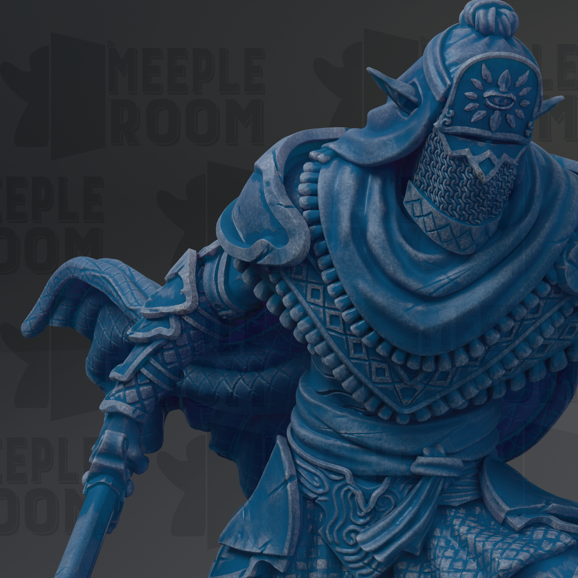 A detailed 3D rendering of a blue armored knight figure, with intricate armor and a flowing cape, set against a dark background.