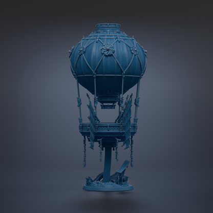 A blue, ornate hot air balloon sculpture stands against a dark background.