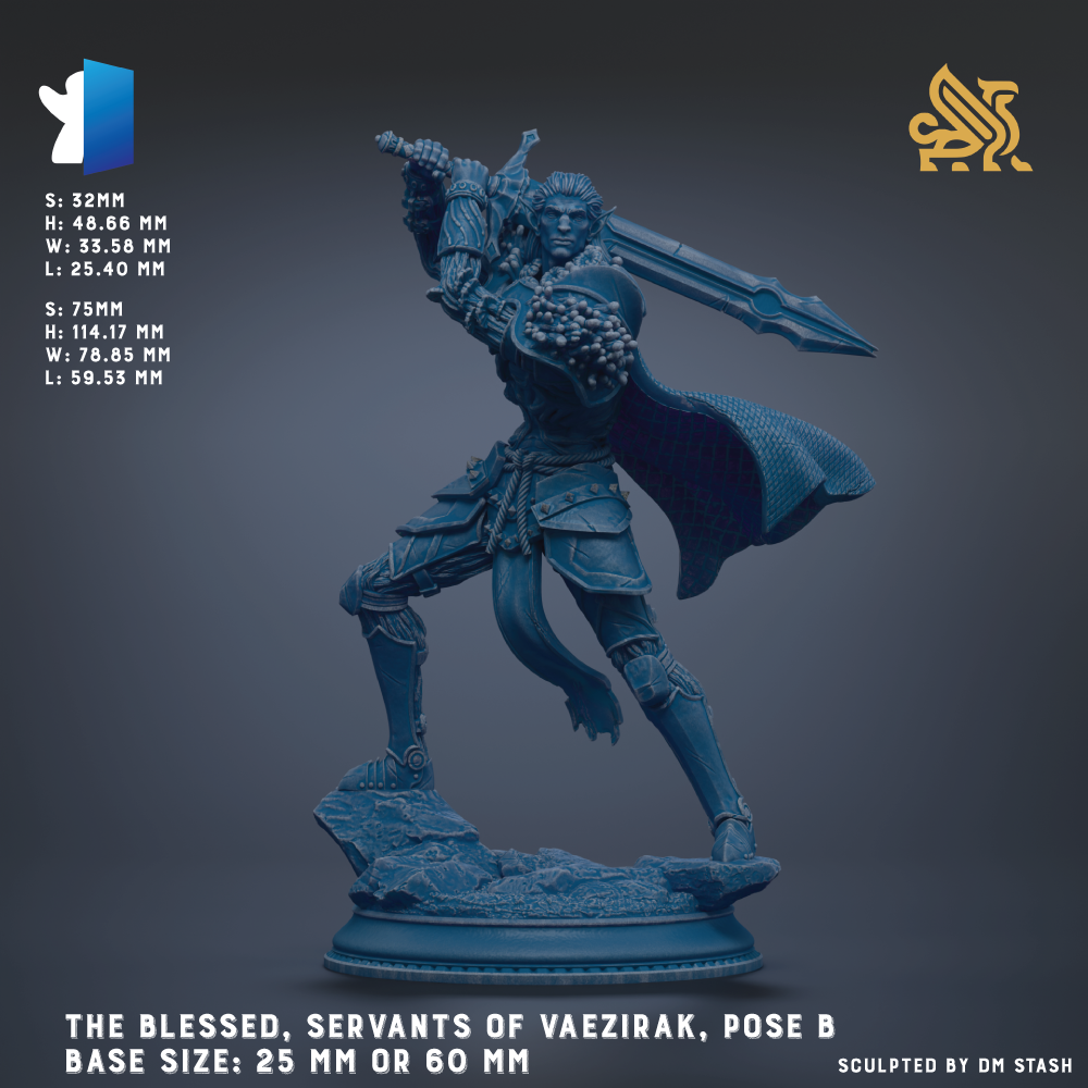 a blue statue of a warrior wielding a sword and shield, standing on a pedestal. The statue is of the Servants of Vaeizirk, and it is described as a base size of 25 mm or 60 mm.