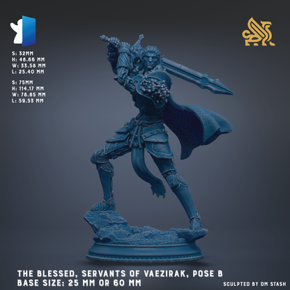 a blue statue of a warrior wielding a sword and shield, standing on a pedestal. The statue is of the Servants of Vaeizirk, and it is described as a base size of 25 mm or 60 mm.