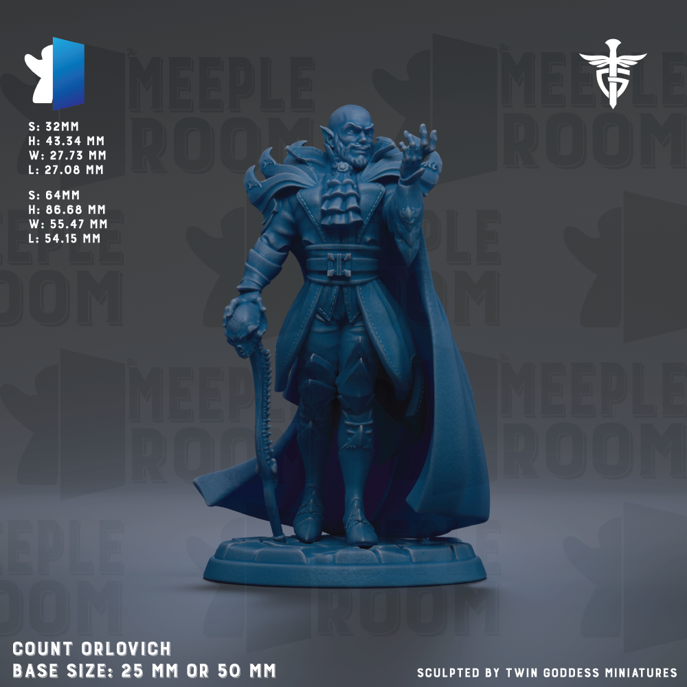 a figurine of a character with a cape and a sword, standing on a base. The figurine is described as a "meeple room" and is shown in various sizes, including 25mm and 50mm. The figurine is sculpted by "Twin goddesses" and is described as a "meeple room" figurine. The base size of the figurine is either 25mm or 50mm.