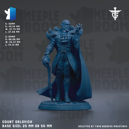 a figurine of a character with a cape and a sword, standing on a base. The figurine is described as a "meeple room" and is shown in various sizes, including 25mm and 50mm. The figurine is sculpted by "Twin goddesses" and is described as a "meeple room" figurine. The base size of the figurine is either 25mm or 50mm.